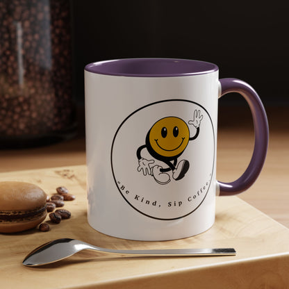 Smile Face Coffee Mug — “Be Kind, Sip Coffee” Accent Ceramic Mug (11/15oz)