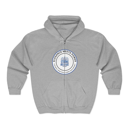 Elegance Meets Power Zip Hoodie – 'Strong Women' Circular Logo