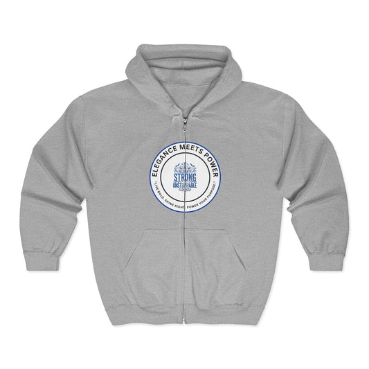 Elegance Meets Power Zip Hoodie – 'Strong Women' Circular Logo