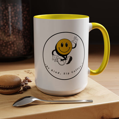 Smile Face Coffee Mug — “Be Kind, Sip Coffee” Accent Ceramic Mug (11/15oz)