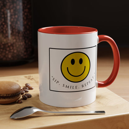 Sip Smile Repeat Coffee Mug — Smiley Face Accent Mug (11/15oz)