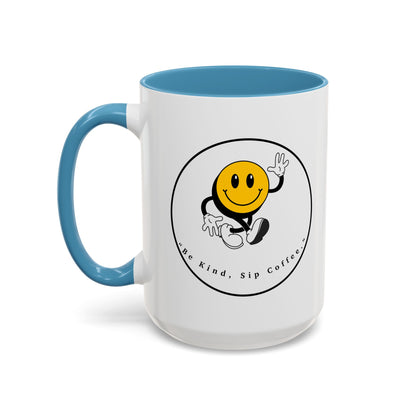 Smile Face Coffee Mug — “Be Kind, Sip Coffee” Accent Ceramic Mug (11/15oz)