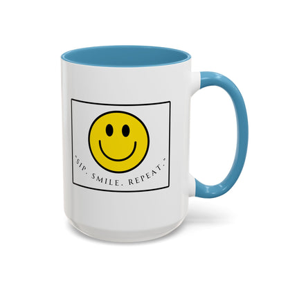 Sip Smile Repeat Coffee Mug — Smiley Face Accent Mug (11/15oz)