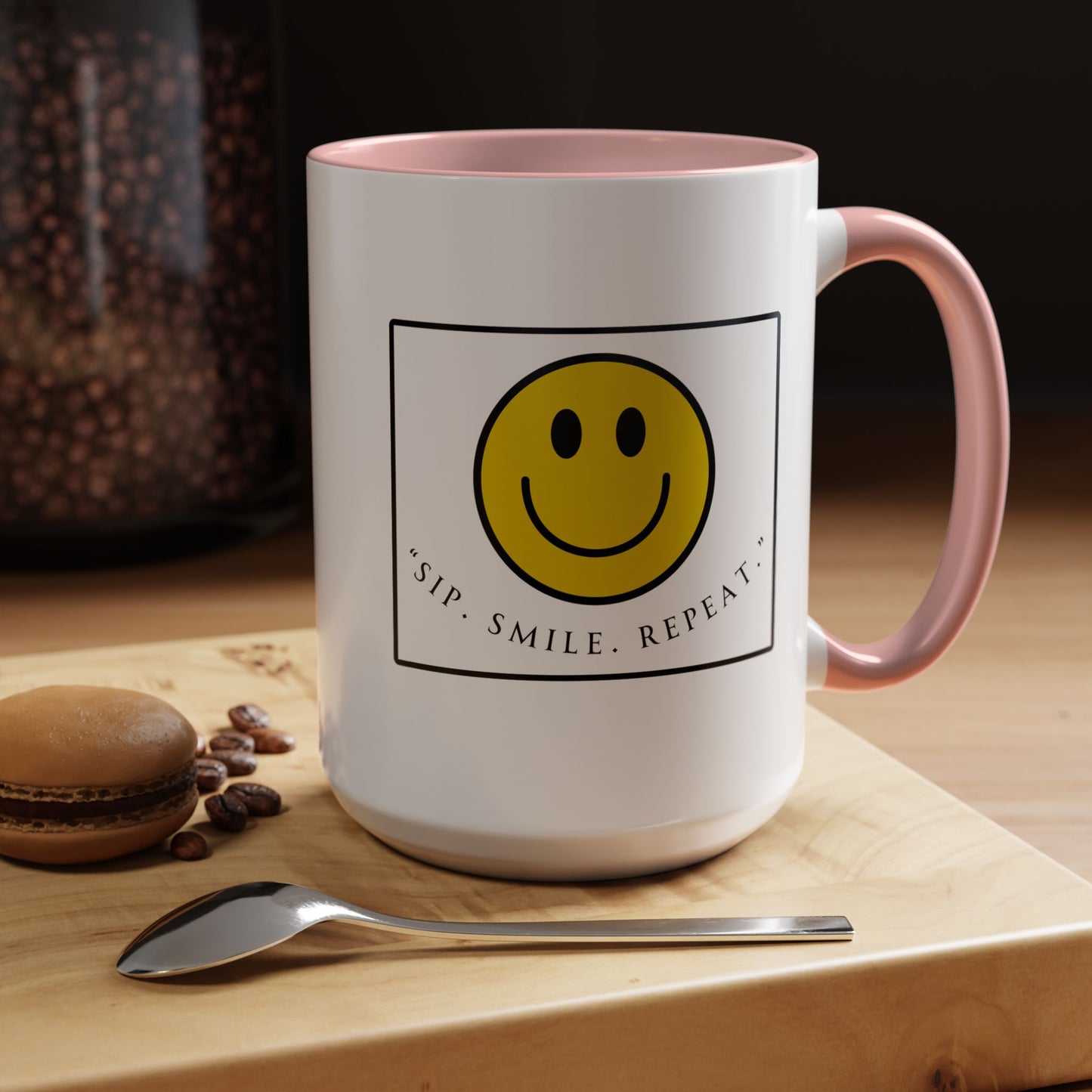 Sip Smile Repeat Coffee Mug — Smiley Face Accent Mug (11/15oz)