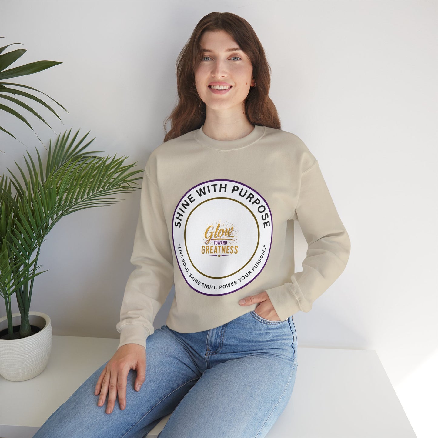Shine With Purpose Crewneck Sweatshirt — "Glow Into Greatness" Inspirational Pullover