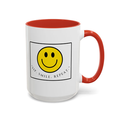 Sip Smile Repeat Coffee Mug — Smiley Face Accent Mug (11/15oz)