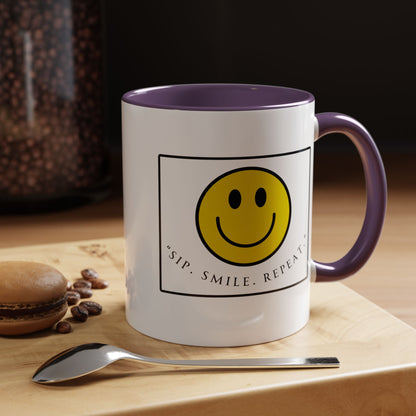 Sip Smile Repeat Coffee Mug — Smiley Face Accent Mug (11/15oz)
