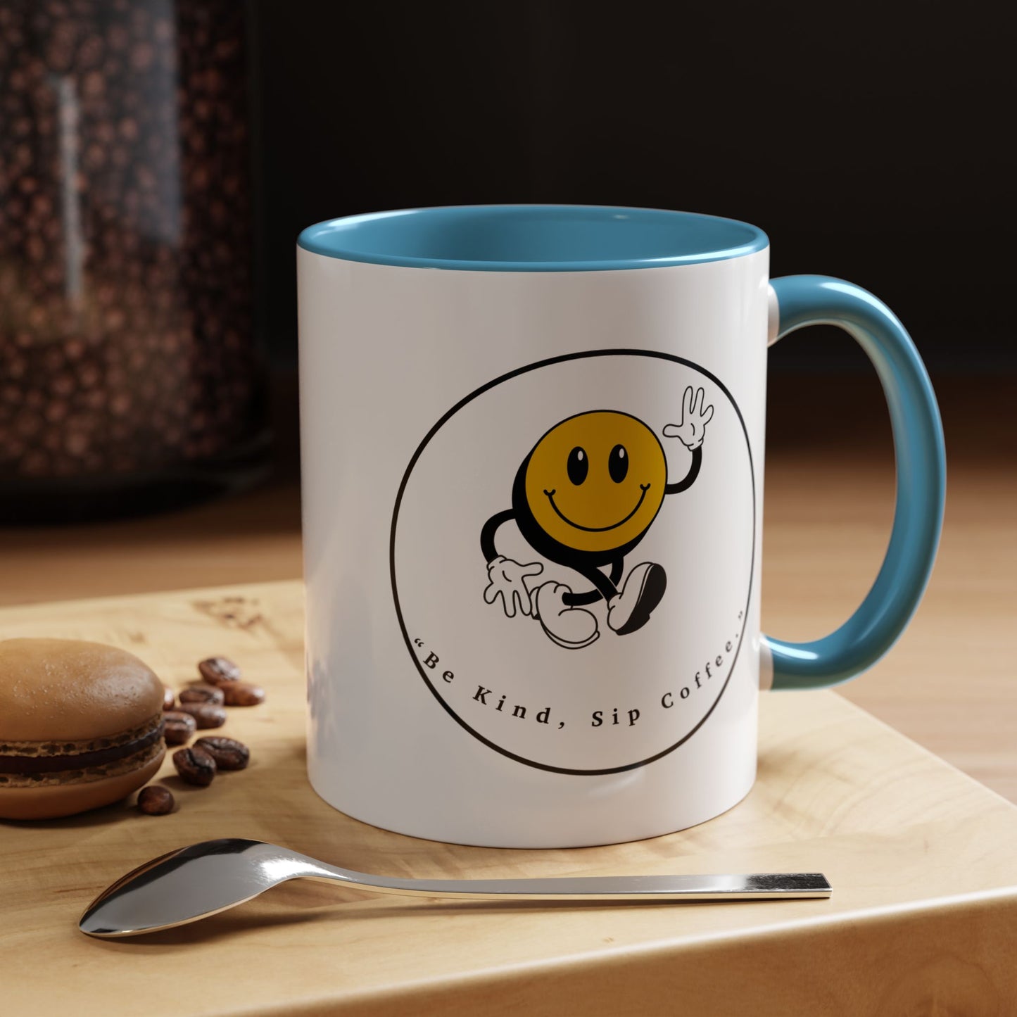 Smile Face Coffee Mug — “Be Kind, Sip Coffee” Accent Ceramic Mug (11/15oz)