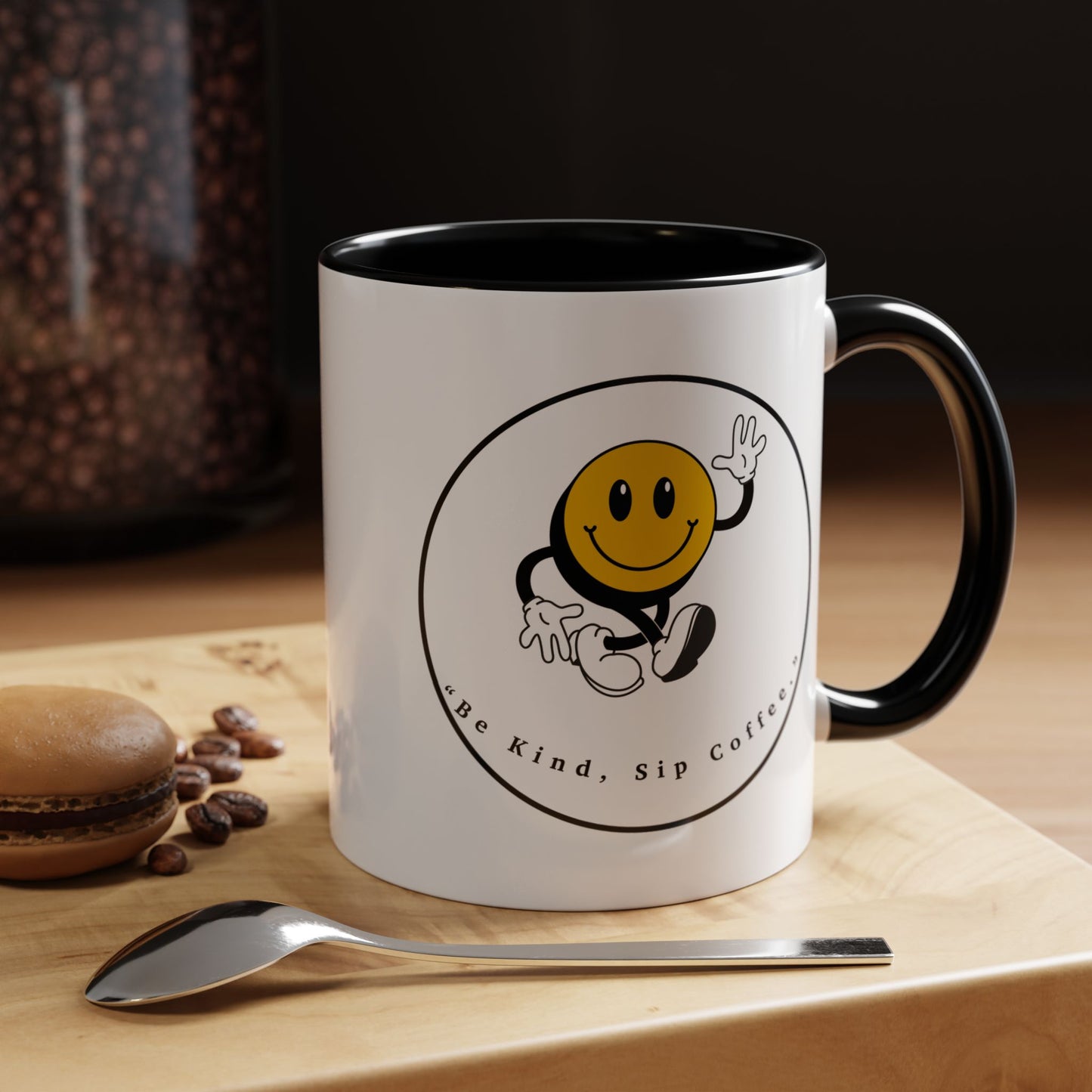 Smile Face Coffee Mug — “Be Kind, Sip Coffee” Accent Ceramic Mug (11/15oz)