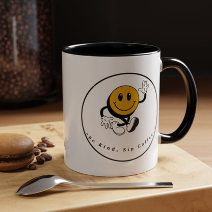 Smile Face Coffee Mug — “Be Kind, Sip Coffee” Accent Ceramic Mug (11/15oz)