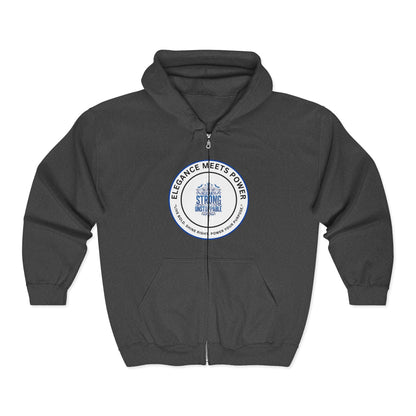 Elegance Meets Power Zip Hoodie – 'Strong Women' Circular Logo