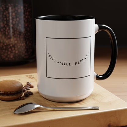 Sip, Smile, Repeat Coffee Mug — Accent Black-Handle 11/15oz